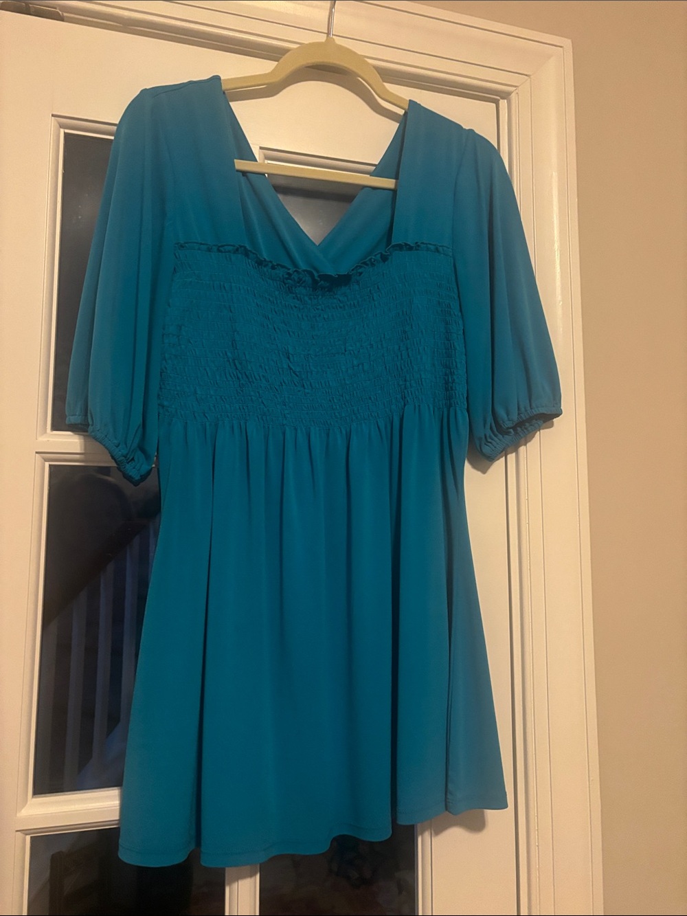 ☀️Bisou Bisou Teal V-Neck Smocked Bodice Puff-Sleeve Tunic